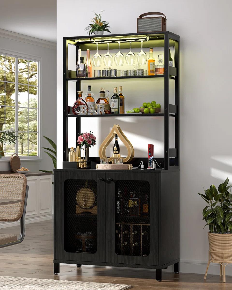 Parina Tall Bar Cabinet with Glasses Rack and Led Strip, Wine Cabinet.