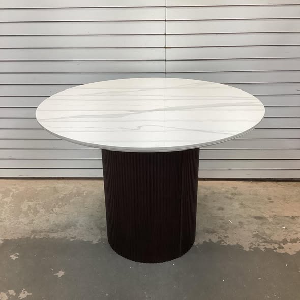 Round Faux Marble Dining Table With Wood Fluted Base