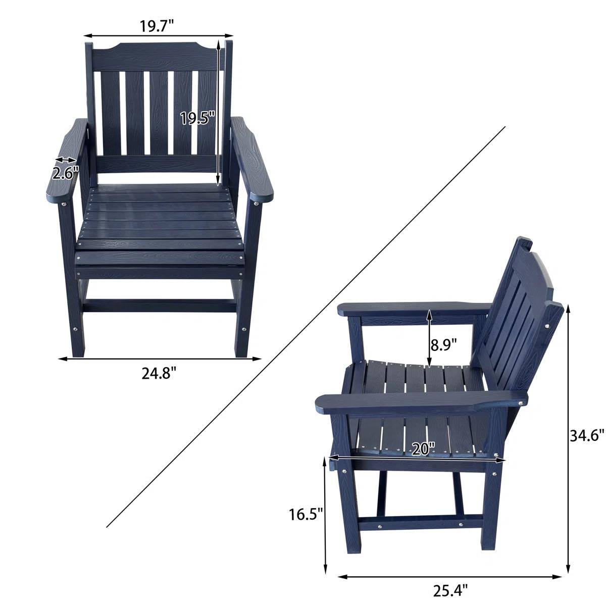 HIPS Patio Chair Set Of 2,Outdoor Dinning Chair With Vertical Backrest,380Lbs Capacity Chairs For Garden, Porch And Backyard,Navy Blue