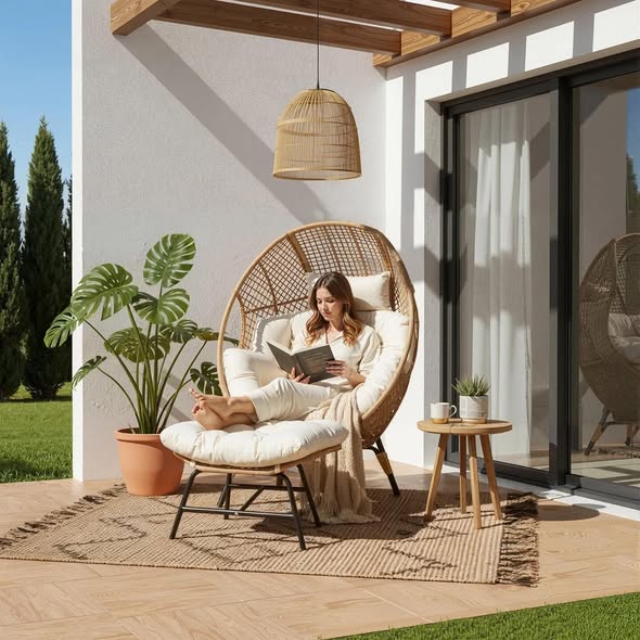 Benone Indoor/Outdoor Wicker Egg Chair Set with Ottoman, 6.5" Thick Cushions, 440-lb Capacity