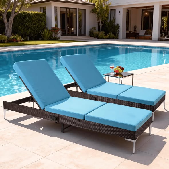 Homrest 2PCS Patio Rattan Chaise Lounge Chair Outdoor Wicker Recliner Thickened Cushion Stepless Adjustable with Gas Cylinder