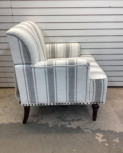 Iliana Upholstered Gray Stripe Cotton Blend Armchair with Solid Wood Legs and Nailhead Trim
