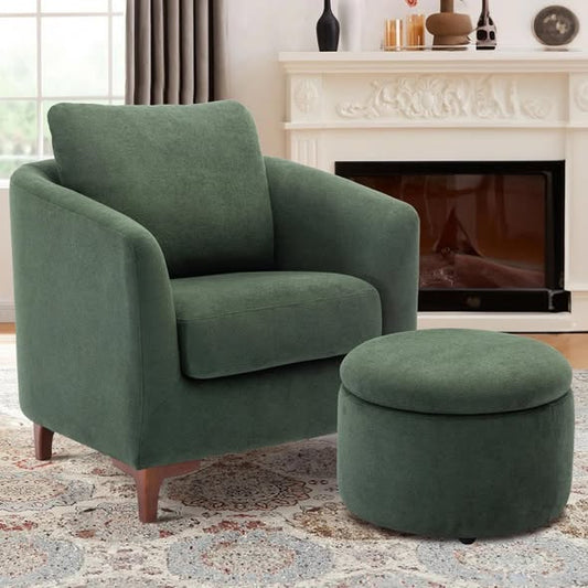 29.5" Wide Upholstered Barrel Accent Armchair With Storage Ottoman