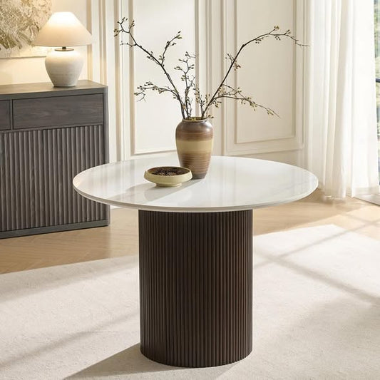 Round Faux Marble Dining Table With Wood Fluted Base
