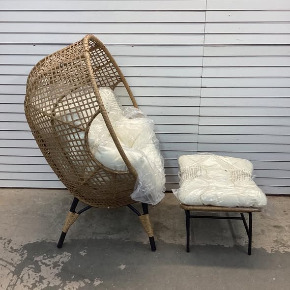 Benone Indoor/Outdoor Wicker Egg Chair Set with Ottoman, 6.5" Thick Cushions, 440-lb Capacity