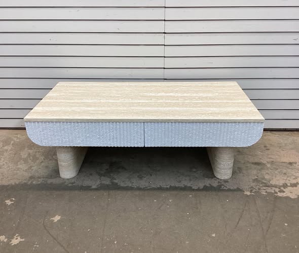 Mid Century 46 in. Brown Rectangle Wood Coffee Table with Faux Marble Tabletop and Fluted Drawer