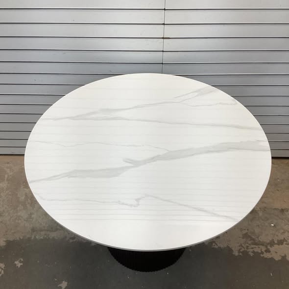 Round Faux Marble Dining Table With Wood Fluted Base