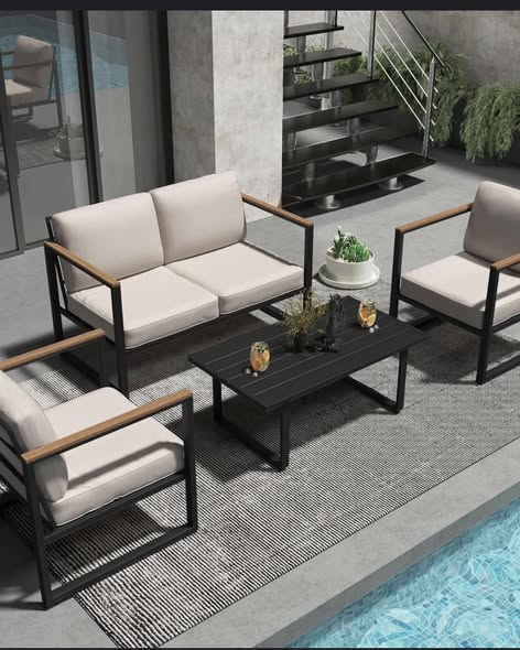 Ebern Design 4-Piece Patio Furniture Set with Black Frame and Beige Cushions – Durable Metal Outdoor Conversation Set with Coffee Table for Courtyard, Balcony, and Patio