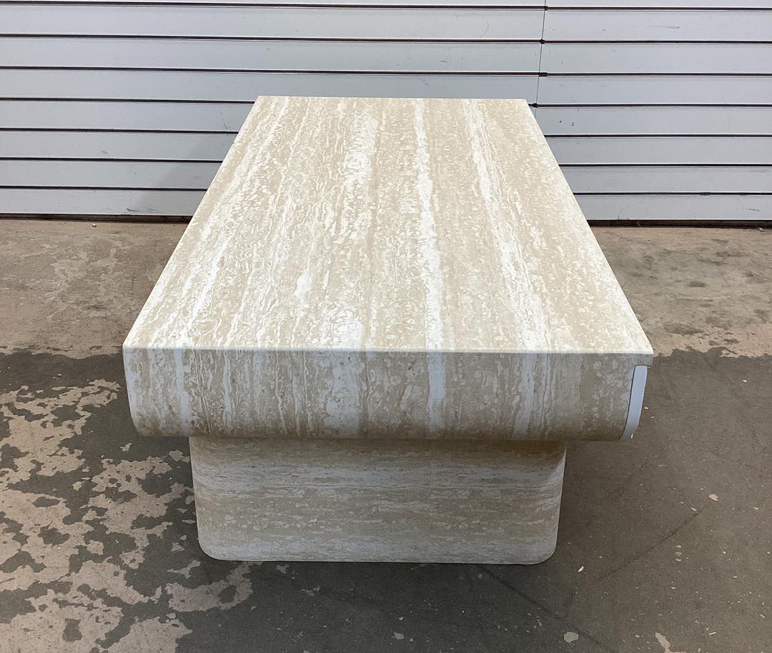 Mid Century 46 in. Brown Rectangle Wood Coffee Table with Faux Marble Tabletop and Fluted Drawer