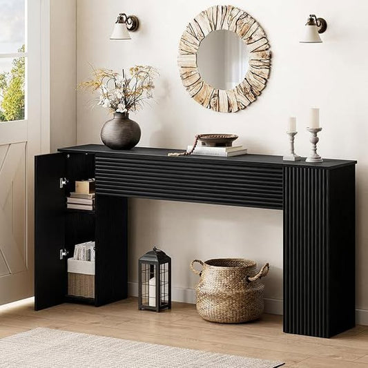 FABATO 61'' Fluted Long Console Table with 2 Hidden Storage Cabinets for Entrance, Hallway, Living Room, Foyer, Black