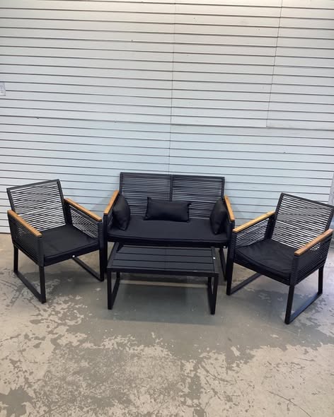 Ebern Design 4-Piece Patio Furniture Set with Black Frame and Beige Cushions – Durable Metal Outdoor Conversation Set with Coffee Table for Courtyard, Balcony, and Patio