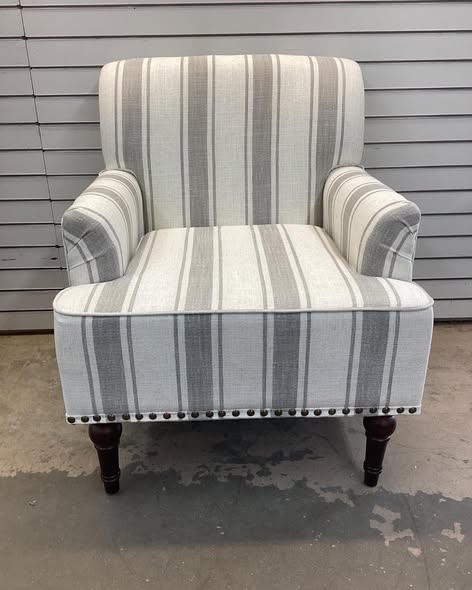 Iliana Upholstered Gray Stripe Cotton Blend Armchair with Solid Wood Legs and Nailhead Trim