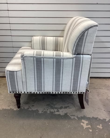 Iliana Upholstered Gray Stripe Cotton Blend Armchair with Solid Wood Legs and Nailhead Trim