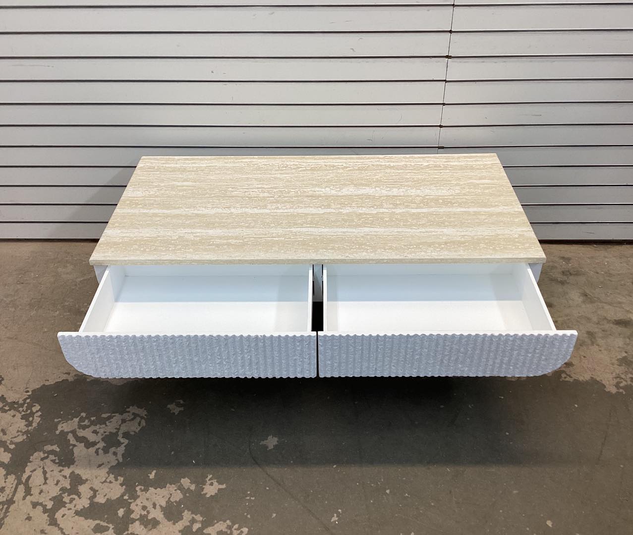 Mid Century 46 in. Brown Rectangle Wood Coffee Table with Faux Marble Tabletop and Fluted Drawer