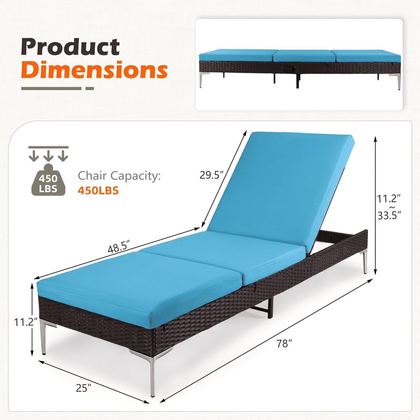 Homrest 2PCS Patio Rattan Chaise Lounge Chair Outdoor Wicker Recliner Thickened Cushion Stepless Adjustable with Gas Cylinder