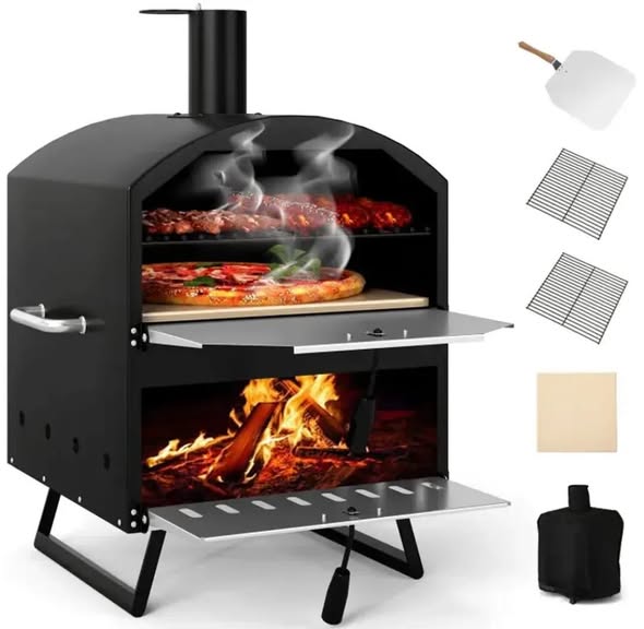 Brand new Costway Outdoor 16 Inch 2-Layer Wood Fired Pizza Oven with Square Stone