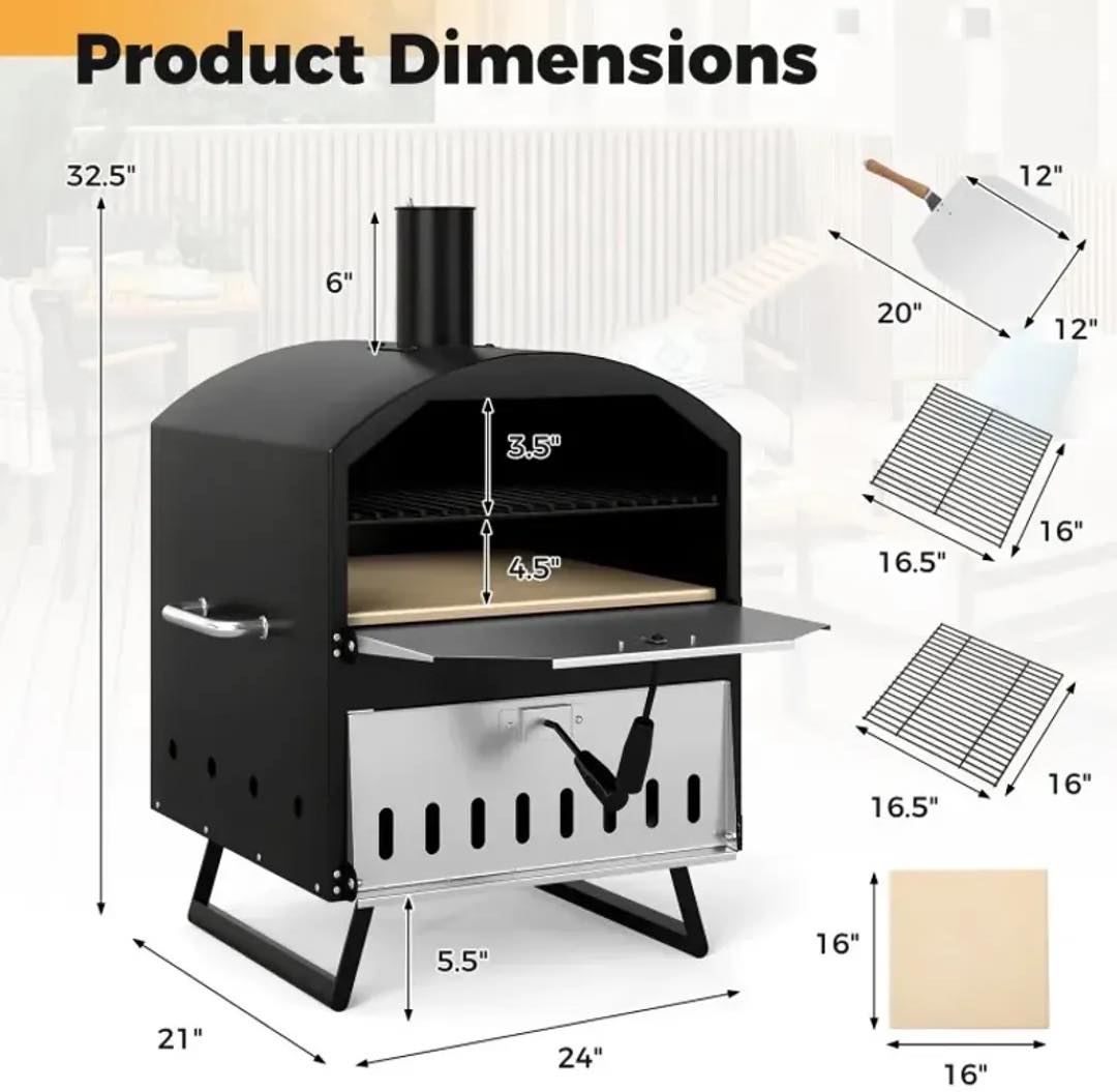 Brand new Costway Outdoor 16 Inch 2-Layer Wood Fired Pizza Oven with Square Stone