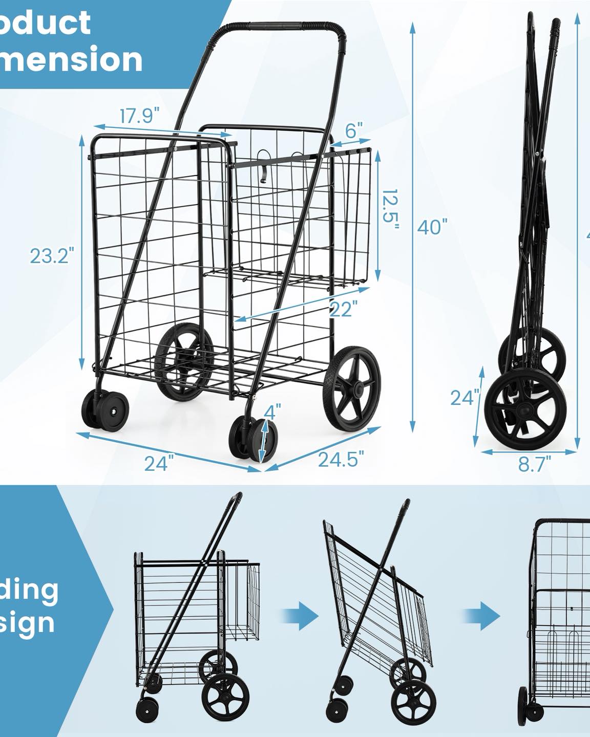 Folding Shopping Cart with Swiveling Wheels and Dual Storage Baskets