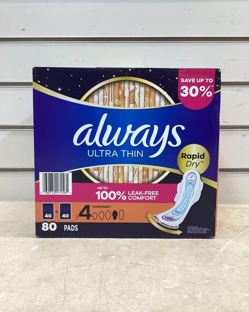 Always Ultra Thin Overnight Pads with Wings, Size 4, 80 ct.