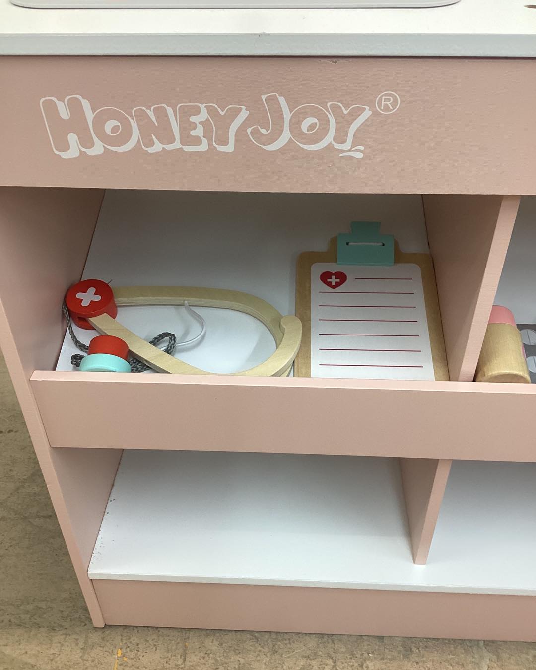 Costway Wooden Doctor Play Set with Clock Sink Eye Chart ECG Monitor Exam Area Storage
