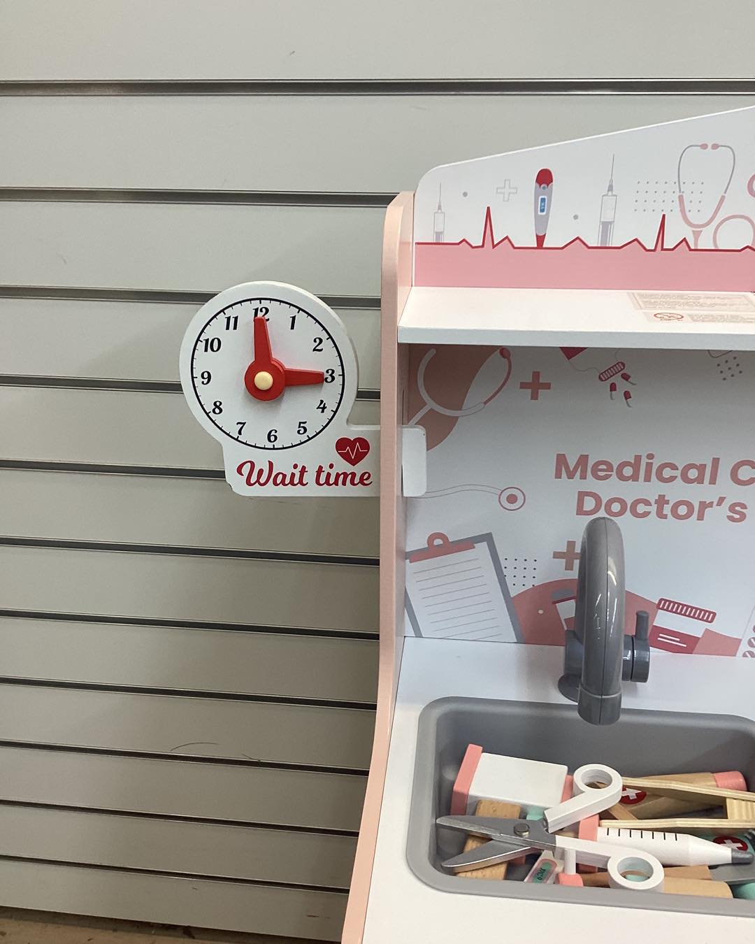 Costway Wooden Doctor Play Set with Clock Sink Eye Chart ECG Monitor Exam Area Storage
