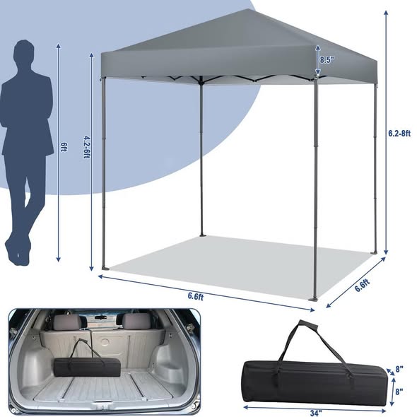 Costway Patio 6.6 x 6.6ft Outdoor Pop-up Canopy Tent UPF 50+ Portable Sun Shelter Gray