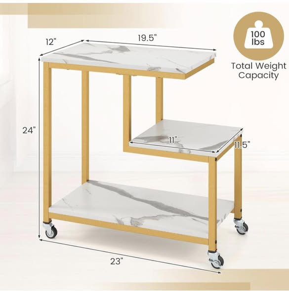 Giantex 3-Tier Side Table with Wheels, G-Shaped Mobile End Table with Open Shelves & Metal Frame