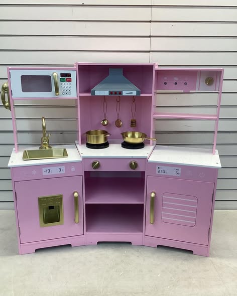 Costway Pretend Play Kitchen for Kids Toddler Aged 3+ Wooden Toy Set with Range Hood Pink