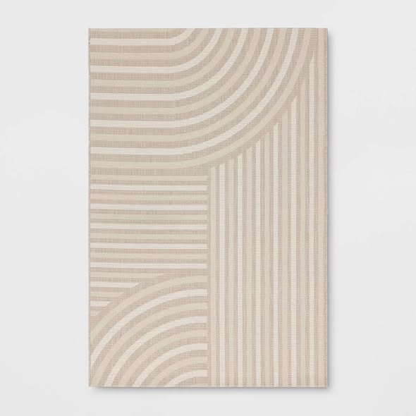 Room Essentials - 6’5” x 8’10” Linear Geo Rectangular Indoor Outdoor Area Rug Tan