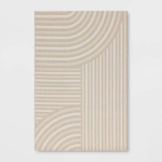 Room Essentials - 6’5” x 8’10” Linear Geo Rectangular Indoor Outdoor Area Rug Tan