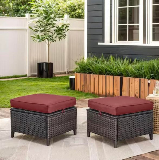 MoonLuxe Brown Wicker Outdoor Ottoman with Olefin Red Cushions Patio/ Porch (2-Pack)