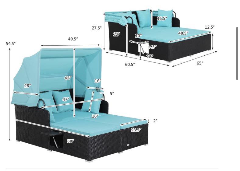 PatioJoy Patio Rattan Daybed with Retractable Canopy and Side Tables