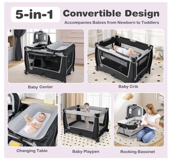 BABY JOY 5 in 1 Pack and Play, Portable Baby Playard with Bassinet & Diaper Changing Table, Bag, Infant Bassinet Crib Activity Center