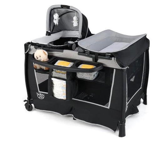 BABY JOY 5 in 1 Pack and Play, Portable Baby Playard with Bassinet & Diaper Changing Table, Bag, Infant Bassinet Crib Activity Center