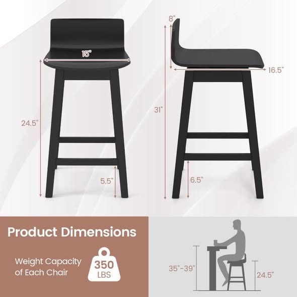 2PCS Costway 24.5 Inch Swivel Wooden Bar Stools with Rubber Wood Legs and Low Back