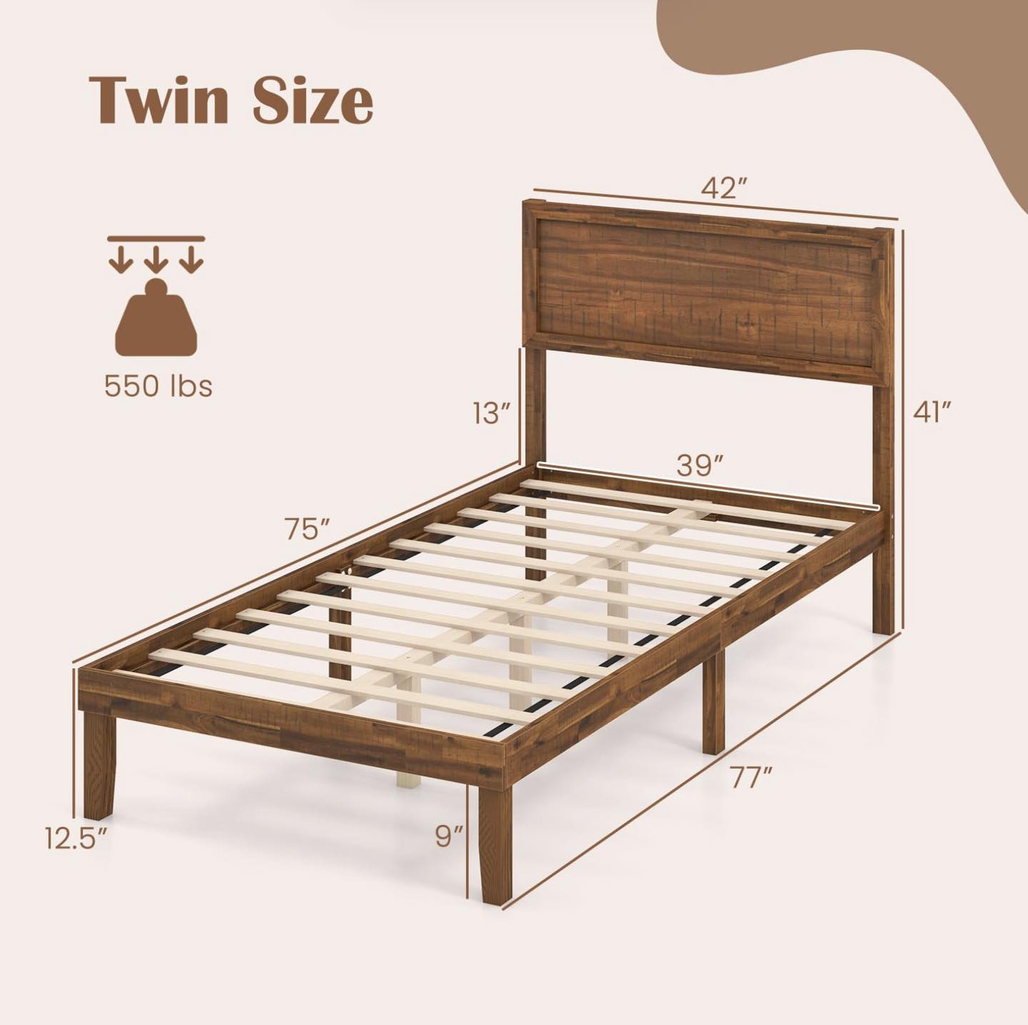 Twin Size Giantex Wood Bed Frame with Headboard, Mid Century Modern Platform Bed