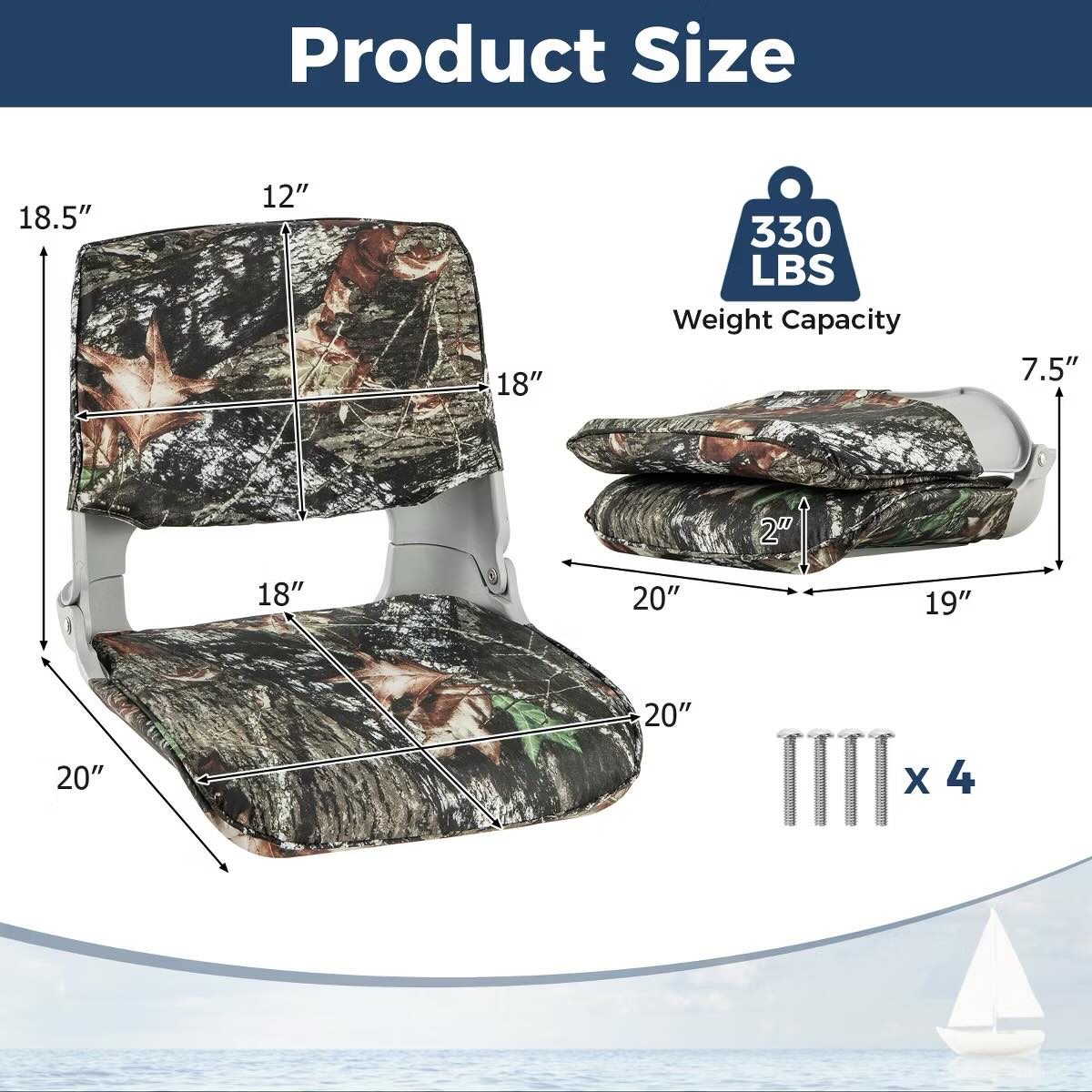 Gymax 1PCS Low Back Padded Boat Seat Folding Fishing Boat Seat w/ 4 Bolts Thick Sponge Padding Waterproof Fold-down Captain Boat Chair