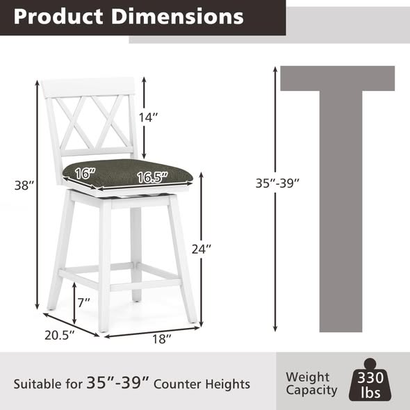Set of 2 Swivel Bar Stools Counter Height Barstools with Backrest Upholstered Seat Cushion