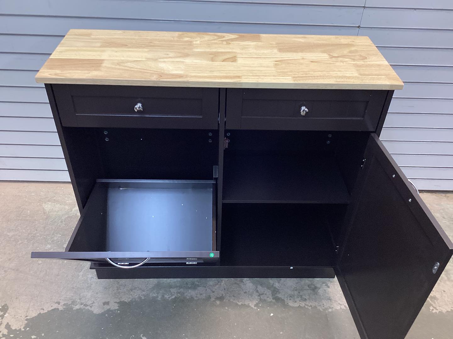Costway 15.5 Gallon Kitchen Tilt Out Trash Cabinet Rubber Wood Tabletop 2 Drawers Shelf Black