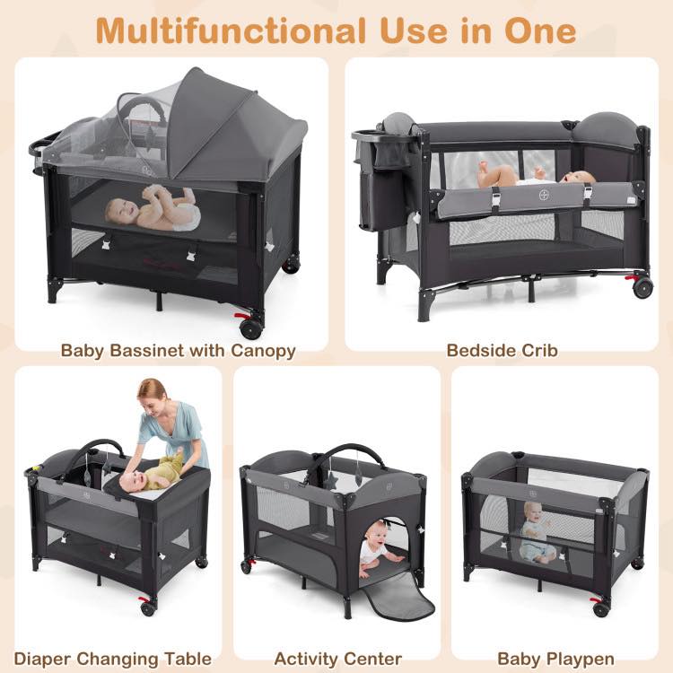 Costway Foldable Baby Bassinet with 4 Adjustable Heights Changing Table and Mattress