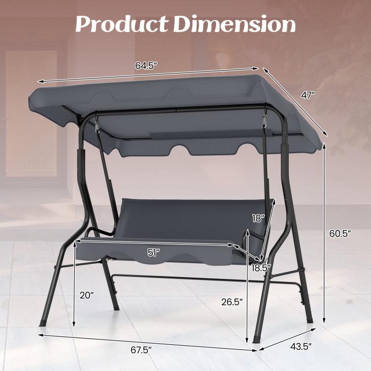 3 Seat Outdoor Patio Canopy Swing with Cushioned Steel Frame