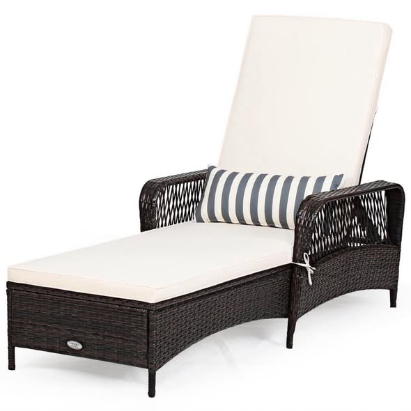 Outdoor Patio Wicker Chaise Lounge Chair with Adjustable Backrest and Pillow