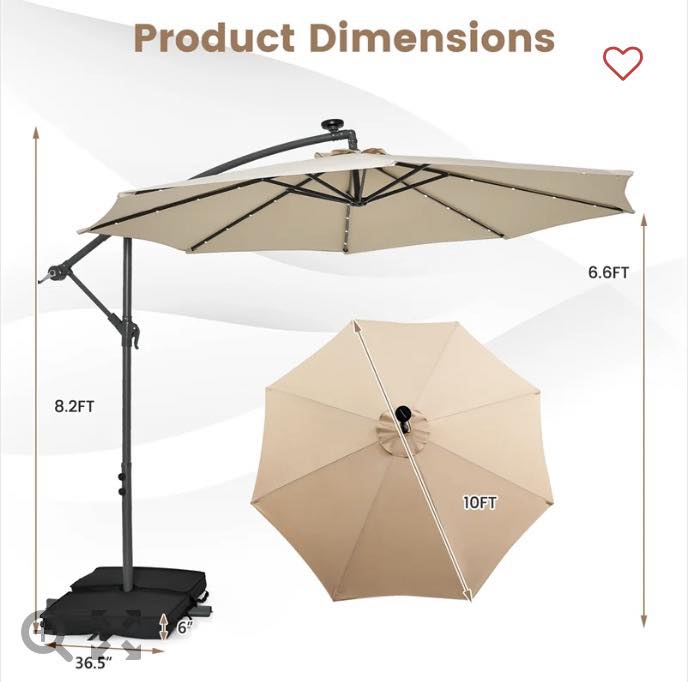Costway 10FT Hanging Offset Umbrella 32 LED Lights Beige