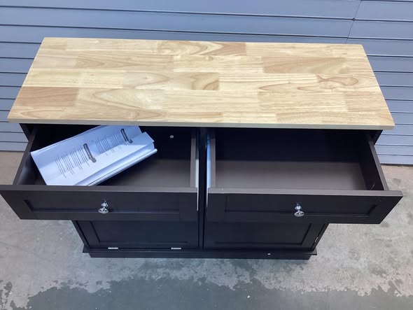 Costway 15.5 Gallon Kitchen Tilt Out Trash Cabinet Rubber Wood Tabletop 2 Drawers Shelf Black