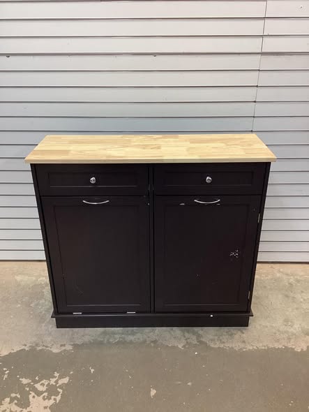 Costway 15.5 Gallon Kitchen Tilt Out Trash Cabinet Rubber Wood Tabletop 2 Drawers Shelf Black