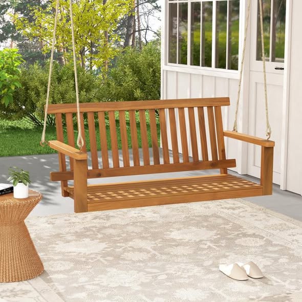 PatioJoy 2-Seat Acacia Wood Porch Swing Bench with 2 Hanging Hemp Ropes