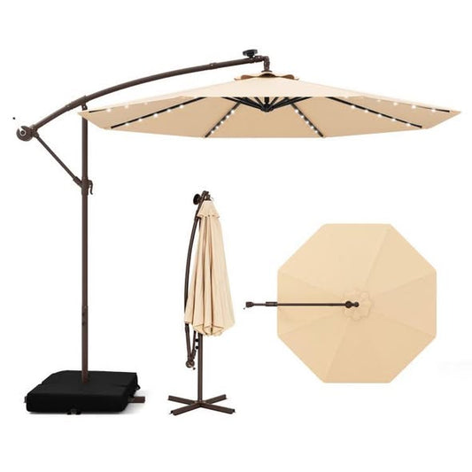 Costway 10FT Hanging Offset Umbrella 32 LED Lights Beige