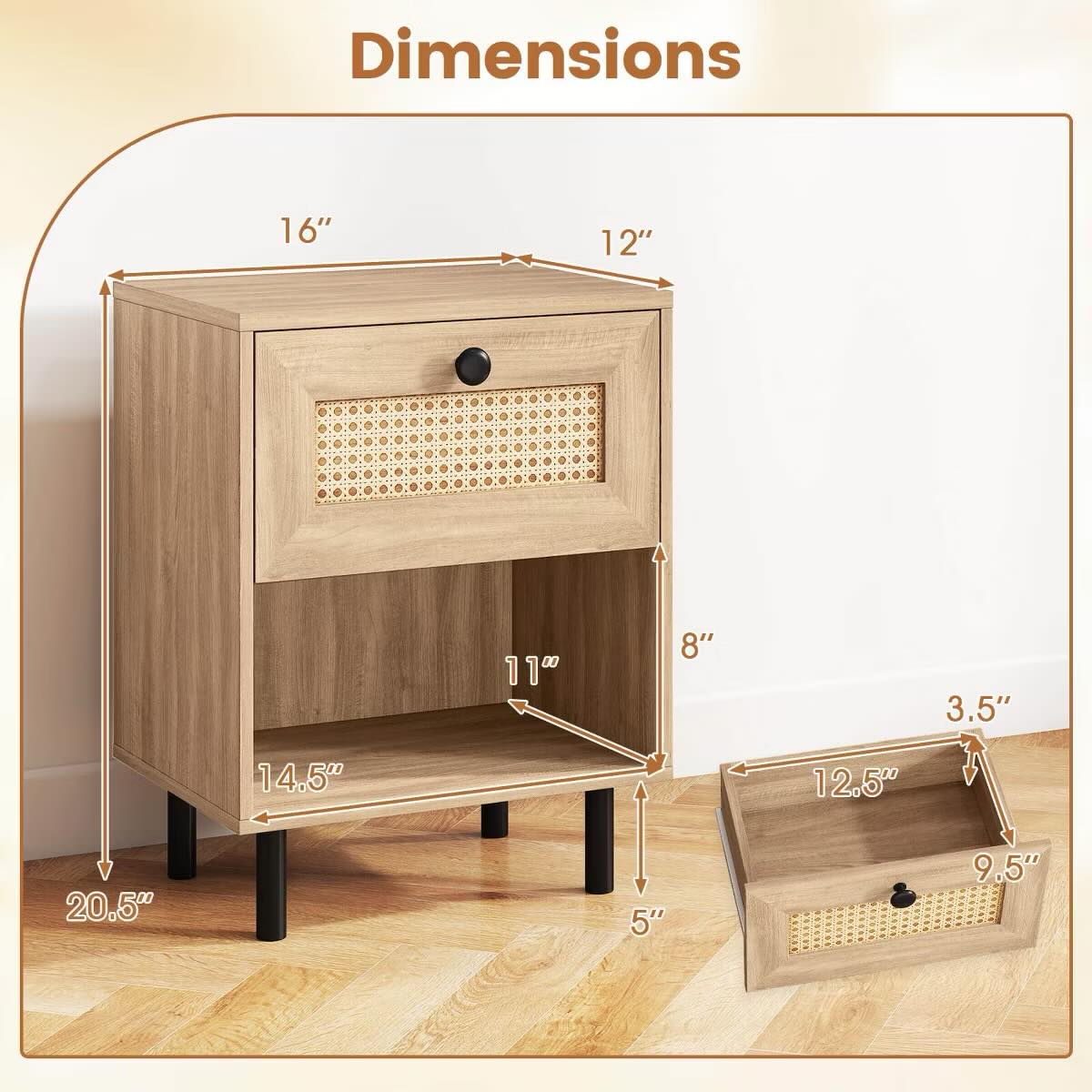 Costway 1 PCS Rattan Nightstand Boho End Table with Drawer & Open Shelf for Living Room Natural