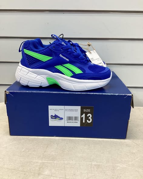 Reebok Boys Chaos Running Sneaker, blue/green/white, Size 13.