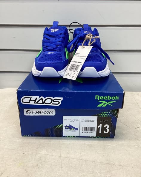 Reebok Boys Chaos Running Sneaker, blue/green/white, Size 13.